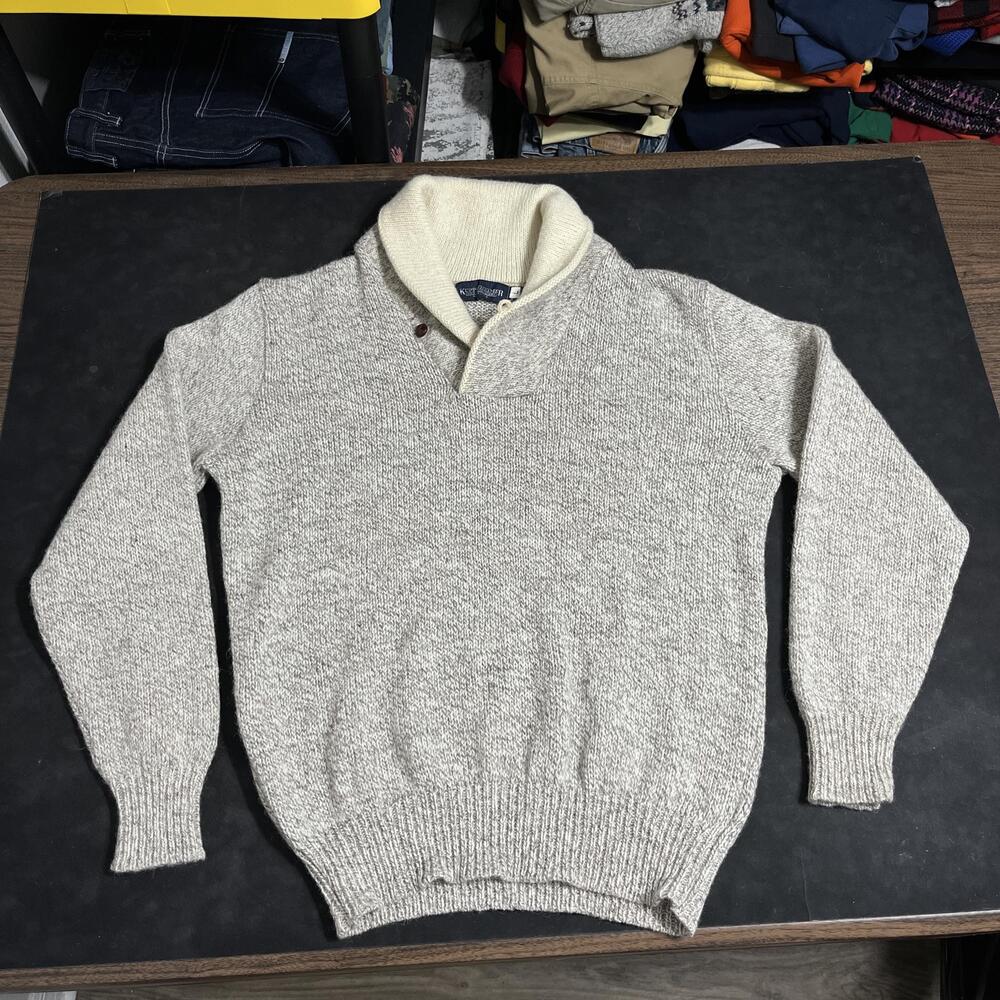 Kuppenheimer Wool Sweater Mens Large Beige Shawl Collar Pullover Made In USA